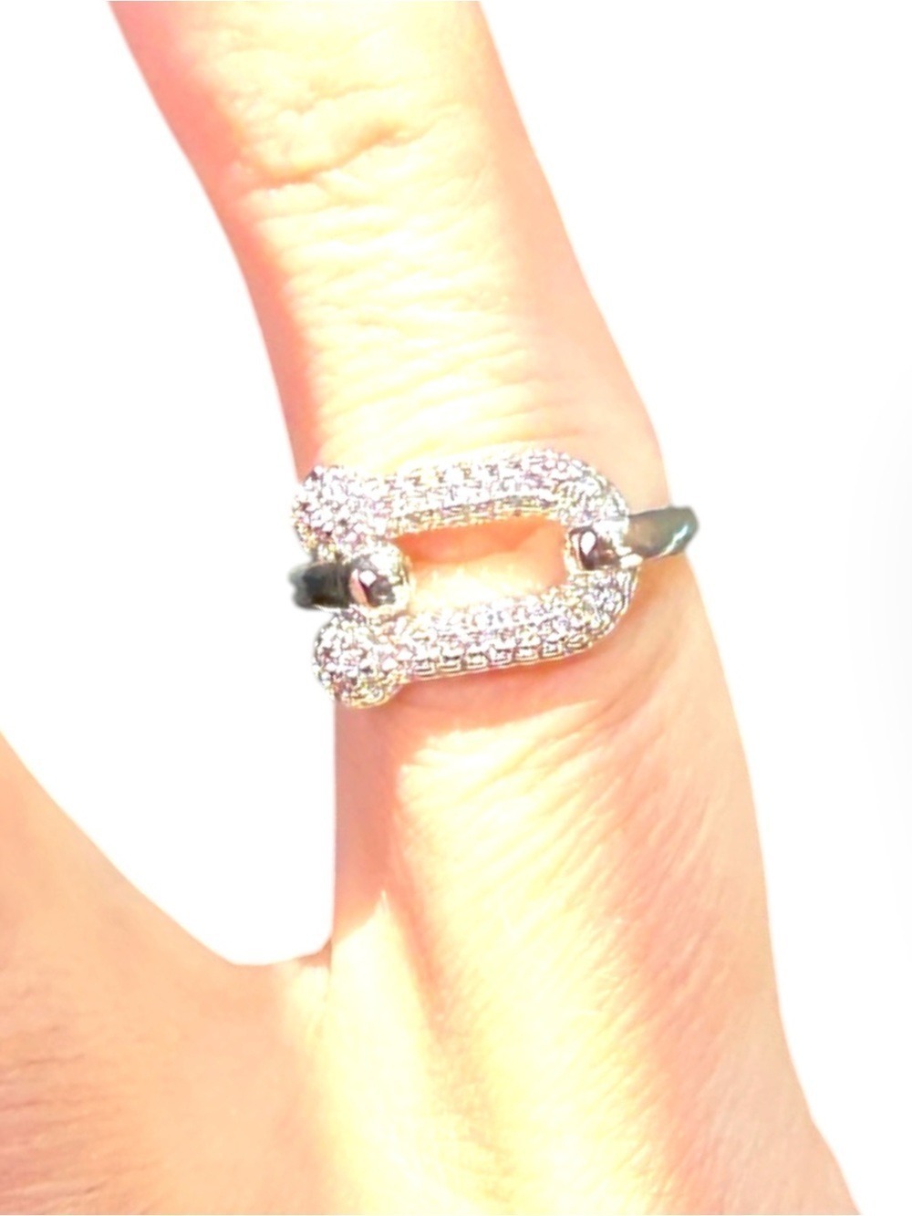 White Gold CZ Carabiner Clasp Interlock Ring Size 7